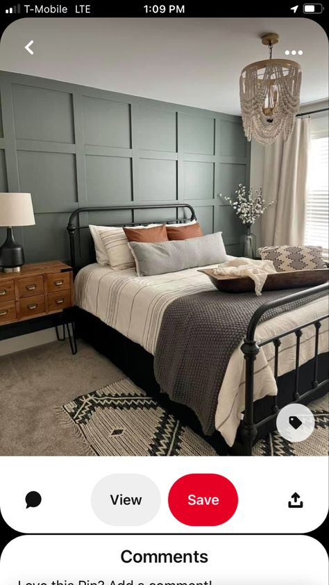 Black Iron Beds, Green Girls Rooms, Green Bedroom Walls, Black Metal Bed Frame, Wainscoting Bedroom, Green Accent Walls, Black Bed Frame, Black Wall Decor, Sage Green Bedroom