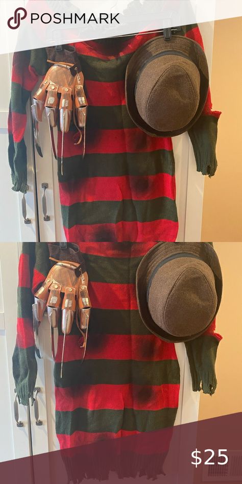 Female Freddy Krueger Costume. Diy Freddy Krueger Costume Women, Diy Freddy Krueger Glove, Diy Freddy Krueger Costume, Female Freddy Krueger, Freddy Krueger Costume Women, Freddy Krueger Glove, Freddy Krueger Costume, Gloves Diy, Dress Hat