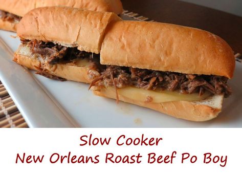 This right here is all I need on a cold day Nothing fancy, just great-tasting tender beef that melts in your mouth. On a French bread loaf  topped with a slice or two of cheese, slathered with plenty of mayonnaise. That’s it. Oh sure, I could add shredded iceberg and some tomato slices and maybe some onion. Not this time. Just give me that great New Orleans roast beef po boy flavor and I’ll be a happy guy. Roast Beef Poboy, French Dip Crock Pot, Best Roast Beef, Shredded Beef Tacos, Mexican Shredded Beef, Beef Dip, Dip Sandwiches, Au Jus Gravy, French Dip Sandwich