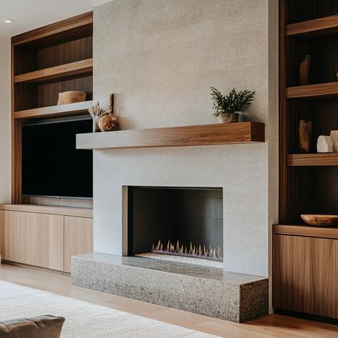 Wood Top Fireplace, Modern Fireplace With Bench, Floating Wood Mantle Fireplace, Corner Free Standing Fireplace Hidden In Wall, Japandi Mantle, Small Modern Fireplace, Wood Paneling Fireplace, Fireplace With Bench Seating, Fireplace Trends For 2024