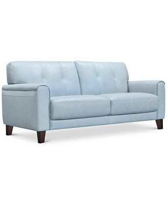 Light Blue Leather Sofa, Light Blue Leather Couch, Coastal Couches, Beachy Living Room Ideas, Light Blue Couch, Baby Blue Sofa, Blue Leather Couch, Turquoise Couch, Blue Sofa Living