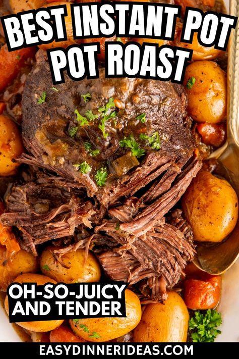 Our family's favorite instant pot pot roast is an easy and delicious one-pot meal. With tender beef, potatoes and carrots in a thick, savory beef gravy, this hearty instant pot roast recipe is ready in a fraction of the time! Pressure Cooker Roast, Instant Pot Roast, Pressure Cooker Pot Roast, Oven Beef Stew, Instant Pot Pot Roast, Chuck Roast Recipes, Beef Tenderloin Roast, Searing Meat, Pot Roast Recipe