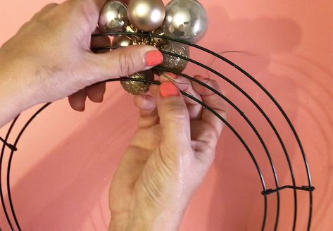 How to make a bauble wreath step 6 Bubble Wreath Tutorial, Christmas Ball Wreaths Diy, Bauble Wreaths, Christmas Bauble Wreath, How To Make A Wreath Using Christmas Balls, Bulb Wreath Diy, Bauble Wreath Diy, Diy Bauble Wreath, Christmas Ball Wreath Diy