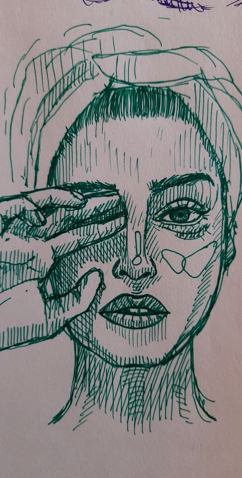 Green ink on paper portrait woman reference sketch rough journal art pretty beautiful shower towel Highlighter Drawings Easy, Shading Ideas, Green Monochrome, Paper Portrait, Face Highlighter, Portrait Woman, Green Highlights, Art Making, Art Folder