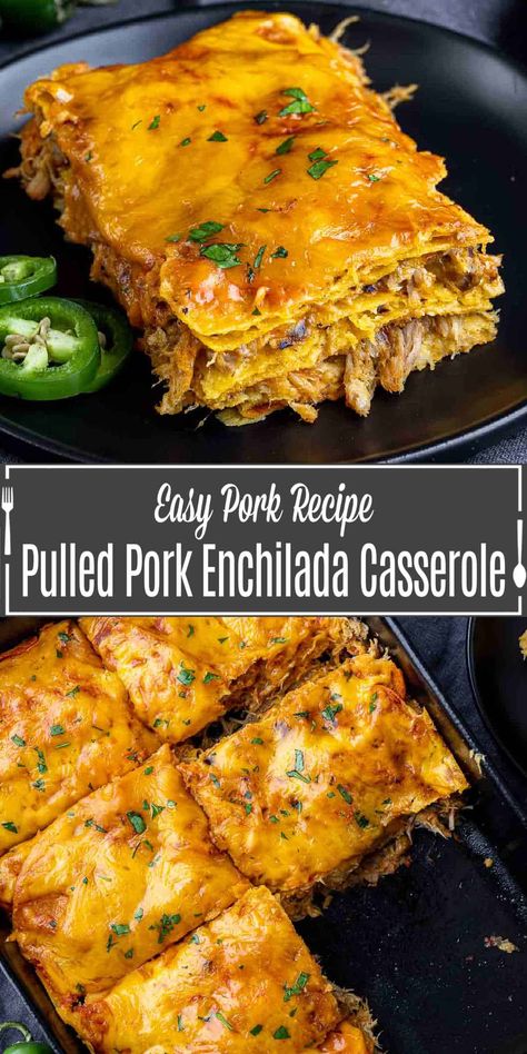 This pulled pork enchilada casserole is packed with layers of pork, enchilada sauce, tortillas, and cheese. Make your pulled pork ahead of time and throw together this simple enchilada bake as an easy weeknight dinner recipe. This pulled pork casserole is the perfect enchilada casserole recipe with layers of melted cheese, seasoned, tender pork, and corn tortillas. Casseroles With Pulled Pork, Recipes Leftover Pulled Pork, Shredded Pork Enchilada Casserole, Pulled Pork Mexican Casserole, Pork Tenderloin Enchiladas, Mexican Pork Casserole, Pulled Pork Tamales, Pork Carnitas Meal Ideas, Leftover Pork Enchiladas