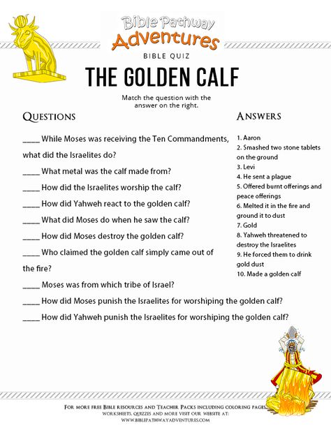 The Golden Calf Bible quiz | FREE download! Golden Calf Craft, Jesus Tempted, Sabbath Activities, The Golden Calf, Quiz For Kids, Adventure Bible, Bible Trivia, Torah Study, Bible Worksheets