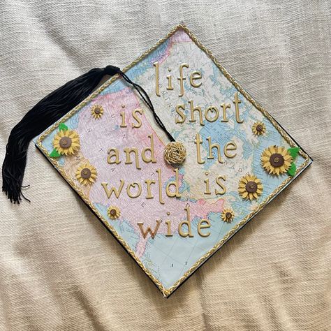 mamma mia inspired graduation cap “life is short and the world is wide” #mammamia #graduation #graduationcap #gradcap #graduationcapdesigns #adventure Little Women Graduation Cap, Grad Cap Mamma Mia, Travel Grad Cap, Mama Mia Graduation Cap, Fleetwood Mac Graduation Cap, Gilmore Girls Graduation Cap, Mamma Mia Graduation Cap, Painted Graduation Cap, Senior Events