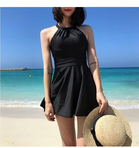 Sabbia Plain Halter Swimsuit | YesStyle Conservative Swimsuit, Backless One Piece Swimsuit, Casual Dresses Plus Size, High Waisted Tankini, Maxi Lace Skirt, Skirt Swimsuit, Swimsuits Outfits, Black Swimwear, Cute Swimsuits