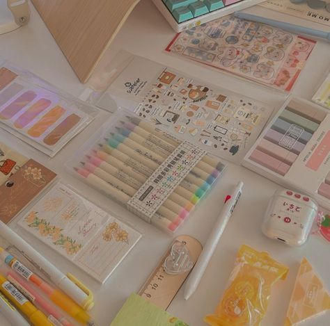 Stationary Aesthetic Wallpaper, Stationary Haul Aesthetic, Pastel Stationary, Stationary Haul, Pastel Academia Aesthetic, Pastel Academia, Pastel Notebook, Pastel Highlighter, Cute Bedroom Ideas