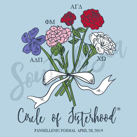 ✰ South by Sea @southbyseacollege ✰ Panhellenic | Alpha Delta Pi | Phi Mu | Alpha Gamma Delta | Chi Omega | Flower Bouquet | Circle of Sisterhood | South by Sea | Greek Tee Shirts | Custom Apparel Design | Custom Greek Apparel | Sorority Shirts | Sorority Graphics | Sorority Tanks | Sorority Shirt Designs Flower Sorority Shirt, Panhellenic Graphics, Panhellenic Merch, Panhellenic Shirts, Sorority Recruitment Themes, Panhellenic Sororities, Phi Mu Shirts, Panhellenic Recruitment, Volunteer Shirt