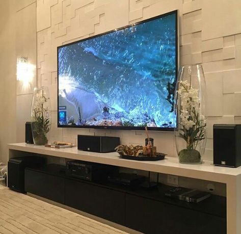 Beautiful living with 66 inch tv Tv Grande, Tv Fal, Tv Wall Cabinets, Modern Tv Wall Units, Modern Tv Wall, Wall Tv Unit Design, Diy Tv Stand, Sala Grande, Living Room Tv Unit Designs