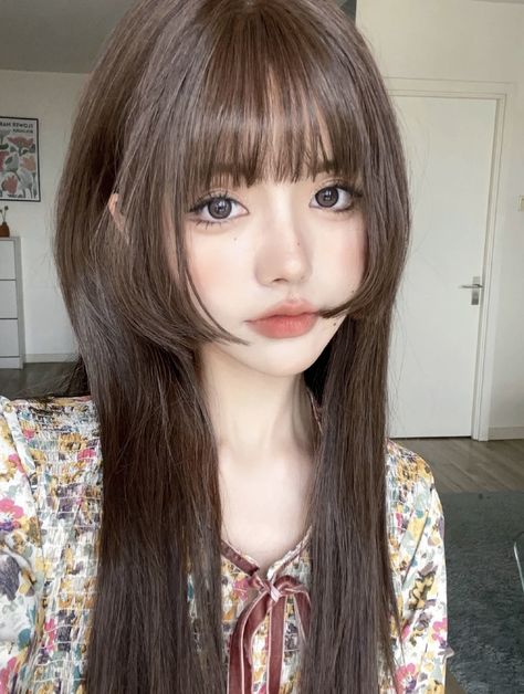 Brown Hime Haircut, Hime Haircut Drawing, Douyin Haircut, Hime Haircut Long, Straight Hair Drawing, Hime Bangs, Hime Cut Long Hair, Hime Haircut, Hime Cut