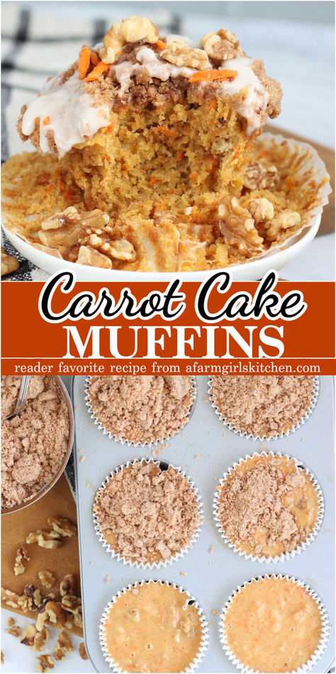 Carrot Cake Muffins Recipe - A Farmgirl's Kitchen® Muffin Recipes Carrot, Carrot Cake Muffins Recipe, Holiday Baking Recipes Christmas, Carrot Muffins Recipe, Carrot Cake Muffin Recipe, Carrot Muffin Recipe, Carrot Banana Cake, Holiday Baking Christmas, Carrot Cake Muffins