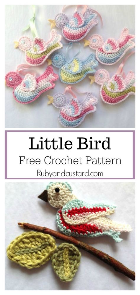 Little Bird Free Crochet Pattern Crochet Bird Applique Patterns Free, Crochet Bird Ornament, Keyrings Crochet, Small Crochet Flowers Free Pattern, Small Crochet Animals Free Patterns, Crochet Bird Applique, Diy Crochet Ornaments, Crochet Ornaments Free Pattern, Crocheting Amigurumi