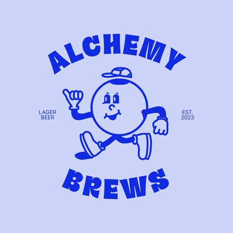 ALCHEMY BREWS Illustrated logo design mascot. The mascot is showing his little pinky, in Belgium (and some other countries) this means that they want to order a beer. I feel like this really suites the vibe for a beer brand. Illustrated Logo Design, Craft Beer Label Design, Beer Logo Design, Beer Graphic Design, Craft Beer Design, Illustrated Logo, Brewery Logo, Retro Mascot, Beer Illustration