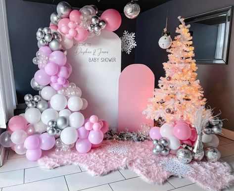 Pink Winter Wonderland Party Balloons, Pink Winter Wonderland Balloon Garland, Winter Wonderland Decorations Pink, Winter Onederland Photo Backdrop, Santa Baby Baby Shower Theme Pink, Winter Pink Baby Shower Ideas, Winter Wonderland Party Pink, Girl Baby Shower Winter Themes, Baby Shower Christmas Theme Girl