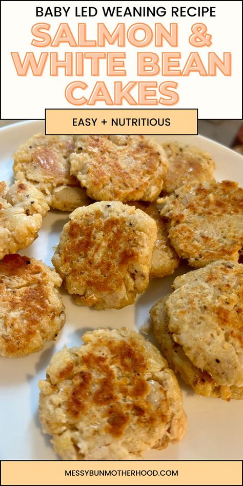 salmon and white bean cakes Baby Salmon Recipe, Salmon Baby Led Weaning, Sweet Potato Crackers Recipe, 10 Month Old Baby Food, Baby Led Weaning Recipe, Sweet Potato Crackers, Baby Led Weaning Breakfast, Blw Recipes, Canned Salmon Recipes