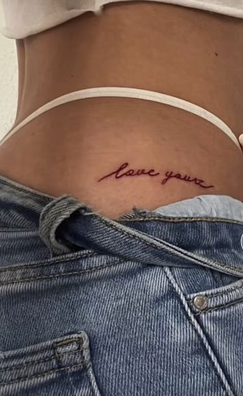 Above Buttcheek Tattoo, Small Tattoos On Buttocks For Women, I Love You Hip Tattoo, Dainty Hip Tattoos Women Words, Cursive Writing Tattoos, Baddie Tats Hip, Pelvic Tattoo Hip Small Words, Upper Buttock Tattoo, Lower Back Word Tattoos