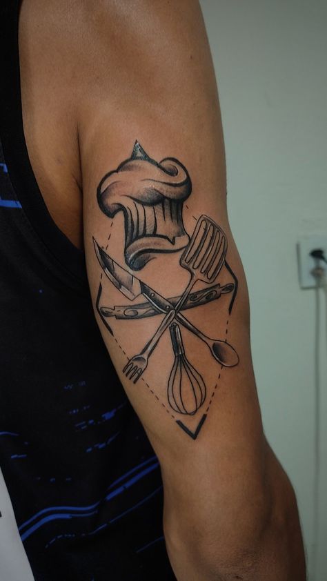 Chef Life Tattoo, Chef Tatoos Culinary Tattoos, Chef Tattoo Ideas For Men, Chef Tattoo Design, Baking Tattoo, Culinary Tattoos, Chef Tattoo, 30 Tattoo, Hebrew Tattoo