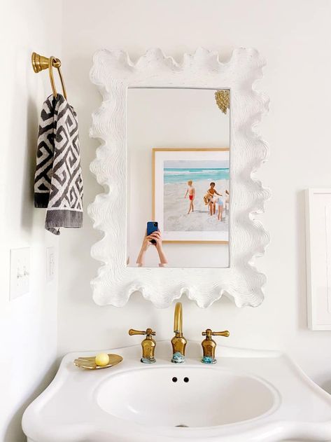 Bathroom Mirror White Frame, White Wavy Mirror, Statement Mirror Bathroom, Scalloped Bathroom Mirror, Scalloped Mirror Bathroom, Decorate Bathroom Mirror, Bathroom Mirror Decorating Ideas, Atoll Mirror, White Mirrors