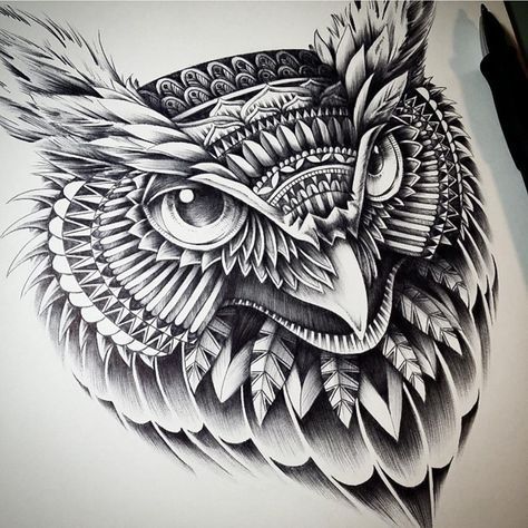 Owl Head. Ornate and Intricate Animal Drawings. To see more art and information about Ben Kwok click the image. Owl Tattoo Drawings, Tatuagem Masculina Pequena, Native Tattoos, Owl Head, Owl Tattoo Design, Inspiration Tattoo, Indian Tattoo, Owls Drawing, Head Tattoos