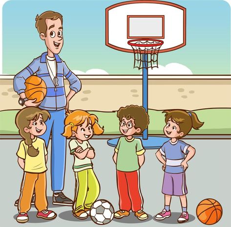 students and teacher in sports lesson cartoon vector Gym Teacher, Teacher Cartoon, Pe Lessons, Pe Class, Physical Education Teacher, Art 2023, School Cartoon, Pe Teachers, Virtual School