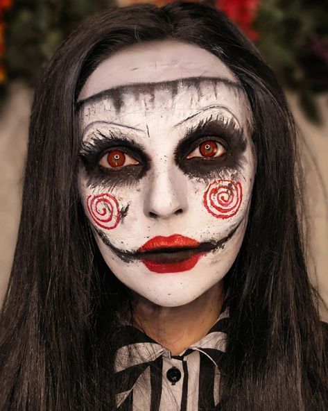 Halloween makeup idea! Horrifying SAW DOLL MAKEUP using Mehron makeup products Halloween Makeup Prosthetics, Saw Doll Halloween Costume, Evil Doll Makeup, Saw Makeup Jigsaw, Saw Halloween Makeup, Halloween Eyes Makeup, Saw Makeup, Jigsaw Makeup, Creepy Doll Makeup