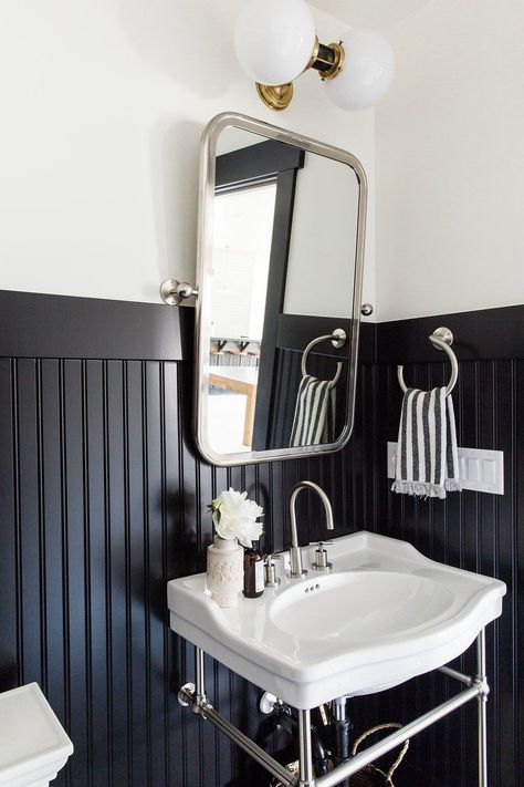 Park City Canyons Remodel: Downstairs - Studio McGee Bathroom Wainscoting Ideas, Studio Mcgee Bathroom, Bathroom Wainscoting, Black Wainscoting, Beadboard Bathroom, Beadboard Wainscoting, Wainscoting Bathroom, Wainscoting Styles, White Wainscoting