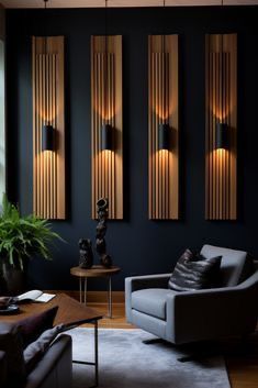 Timeless Interior Design, Large Wood Wall Art, Diy Lampe, Timeless Interior, Accent Walls In Living Room, A Living Room, Black Walls, Interior Walls, Living Room Wall