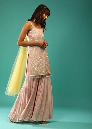 Sharara Salwar Suits Online Shopping, Sharara Suits Sleeveless Sharara, Peach Sharara Suit, Peach Sharara, White Sharara Suit, Peplum Kurti, White Sharara, Sharara Designs, Sharara Suits, Kalki Fashion