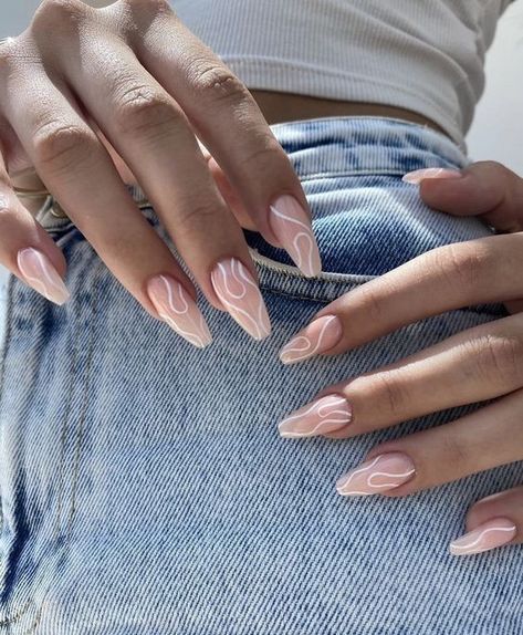 Simple Nail Designs Ballerina, Ballerina Nail Art Ideas, Single Line Nail Art, Oval Summer Nails 2024, Short Almond Abstract Nails, Nail Art Designs Ballerina, Acrylic Nail Designs Ballerina, Long Minimalist Nails, Ballerina Nails Long Classy