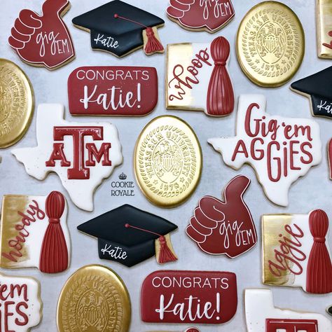 Texas A&m Graduation Cookies, A&m Cookies Decorated, Texas A&m Cookies Decorated, Texas A&m Cookies, A&m Graduation Party, Texas A M Graduation Parties, Grad Cap Cookies, Aggie Cookies, Smu Graduation