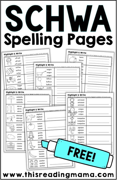 FREE Schwa Spelling Pages - This Reading Mama Teaching Open Syllables, Schwa Sound, Syllable Games, Prefix Worksheet, Suffixes Worksheets, Syllable Types, Handwriting Lines, Base Words, Word Patterns