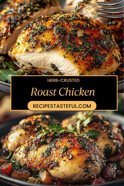 This Herb-Crusted Roast Chicken is a delicious, comforting dish featuring a perfectly roasted chicken coated in a fragrant herb butter, accompanied by crispy garlic potatoes. It's a crowd-pleaser that's perfect for family dinners or special occasions. Whole Rosemary Chicken, Christmas Eve Dinner Gluten Free, Garlic Herb Roasted Chicken, Roast Chicken Cooking Times, Herbed Roasted Chicken, Roasted Christmas Chicken, Christmas Roast Chicken Recipes, Christmas Roasted Chicken, New Years Chicken Recipes