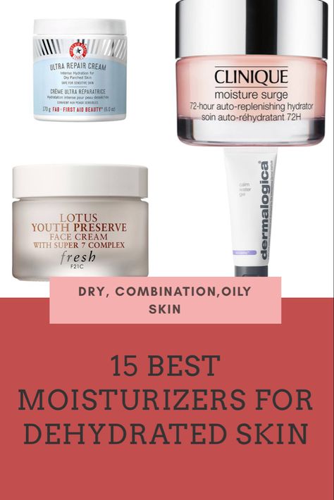 What's the difference between dry and dehydrated skin? Most people confuse dryness with dehydration. Dryness is a skin type just like oily or combination skin. But dehydration is a skin issue that can happen to any type of skin! See the absolute best moisturizers for dehydrated skin for dry,combination, oily and sensitive skin.  #moisturizersfordehydratedskin Products For Dehydrated Skin, Best Moisturizer For Dehydrated Skin, Best Daily Moisturizer Face, Best Face Cream For Dry Skin, Best Facial Moisturizer For Dry Skin, Dehydrated Skin Remedies, Best Moisturizer For Sensitive Skin, Best Moisturizer For Face, Dehydrated Face