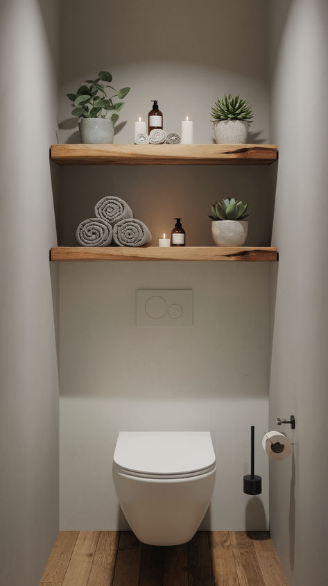 Struggling with small bathroom storage? These genius solutions will help you maximize space and create a clean, organized oasis. #BathroomStorageIdeasSmallSpaces #SmallToiletStorageIdeas #HacksForSmallBathrooms Toilet Paper Storage In Bathroom, Cabinets Over Toilet Ideas, Beside Toilet Storage, Bathroom Shelving Ideas Over Toilet, Small Bathroom Counter Organization, Bathroom Shelf Styling, Shower Storage Ideas, Floating Shelves Over Toilet, Bathroom Linen Storage