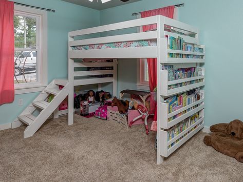 Custom Kids Loft Bed, Bunk Bed With Book Shelves, Lofted Kids Bed, Loft Bed Kid, Kids Room With Loft Bed, Kid Loft Bed Ideas, Loft Bed Ideas For Girls Room, Toddler Loft Bed Ideas, Girls Loft Bedroom Ideas