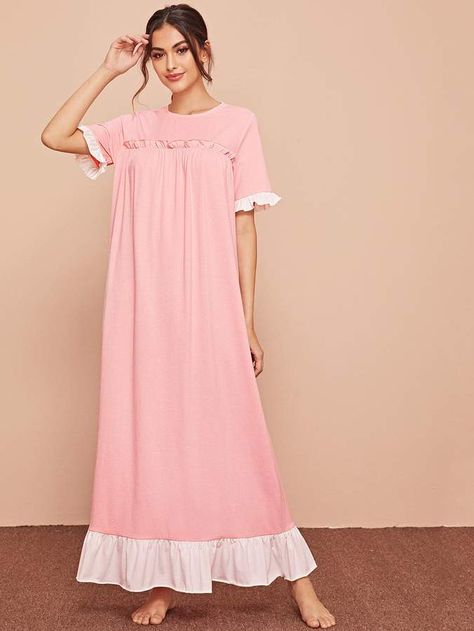 Shein Frill Trim Two Tone Nightdress Night Gowns For Women, Night Gown Cotton, Nighty Designs, Nighty Night Dress, Girls Night Dress, Cotton Night Dress, Pijamas Women, Night Gown Dress, Sleeping Dress