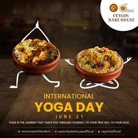 Make Yoga a part of your daily routine and get a Happy soul, a fresh mind and a healthy body all at once. 🧘🏻‍♀️ Happy International Yoga Day! . . #CeylonBakeHouse #InternationalYogaDay #InternationalYogaDay2023 #YogaDay #Yoga #HappyInternationalYogaDay Yoga Day Creative Ads For Food, Food Creative Ads, Happy Yoga Day, Digital Marketing Post, Logistics Design, Happy International Yoga Day, Yoga Food, Food Videography, Geometric Bird