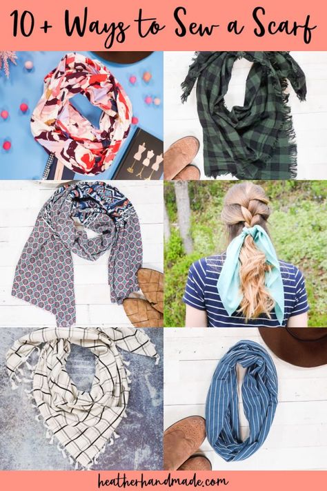 Learn how to sew a scarf in lots of different ways. Choose your favorite method for a warm and fun beginner sewing project. One of the most fun accessories to make and sew is a scarf. I love lightweight ones in the summer so that I can still add layers and interest to an outfit... The post 10 Ways to Sew a Scarf appeared first on Heather Handmade. Sewing Pattern Scarf, Make A Scarf Out Of Fabric, Sew Scarf Diy, How To Sew A Scarf Easy Diy, How To Sew A Scarf, How To Make A Scarf, Scarf Sewing Pattern Free, Kerr Tartan, Sew A Scarf