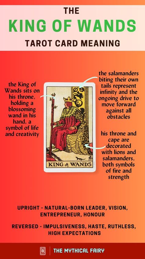 Take the scepter with the King of Wands! Symbolizing Vision, Leadership & Charisma. His fiery reign sparks innovation and bold action. Ready to conquer your kingdom? Click the link to master the art of leadership with Tarot! Wands Meaning Tarot, King Of Wands Reversed, King Of Wands Tarot Meaning, Knight If Wands Tarot Meaning, Viii Of Wands Tarot Meaning, King Of Wands Tarot, Tarot King Of Wands, Best Tarot Decks, King Of Wands