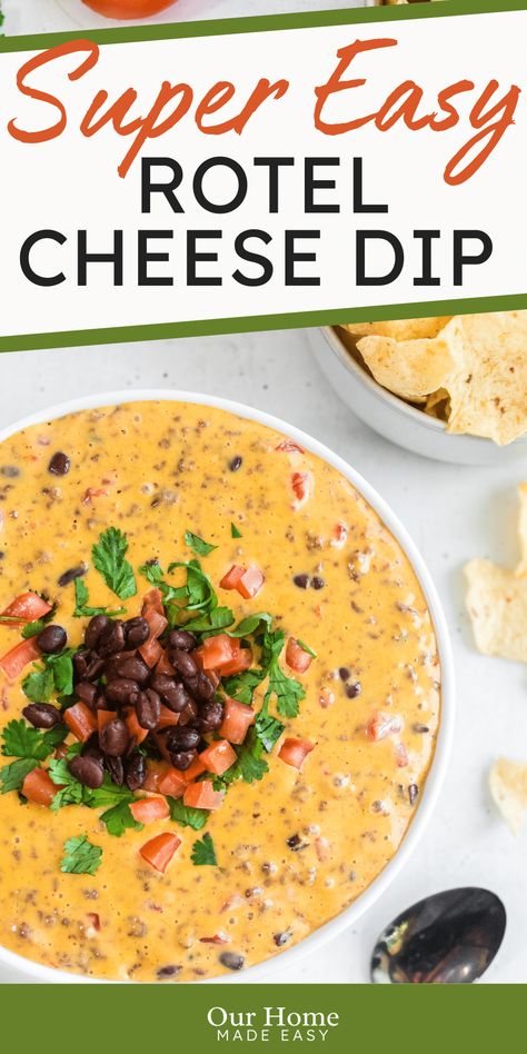 Make the best ever Velveeta Rotel dip! Perfect for game days or holiday potlucks! #queso #potlucks #appetizers #ourhomemadeeasy #superbowl #cheesedip Superbowl Cheese Dip, Velveeta And Rotel Dip Crockpot, How To Make Queso Dip Velveeta, Game Day Queso Dip, Easy Crockpot Queso Dip Velveeta, Stove Top Rotel Dip, Dip With Rotel And Velveeta, Best Game Day Dips, Crockpot Velveeta Queso