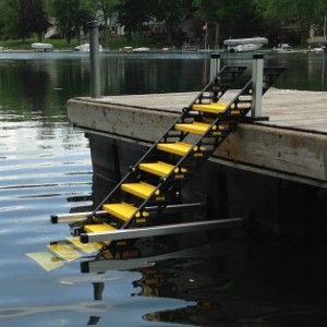 Boat Dock Ideas, Ramp Stairs, Lake Toys, Dock Ideas, Kayak Storage Rack, Boat Docks, Lake Dock, Lakefront Living, Kayak Storage