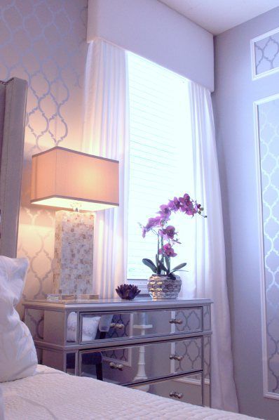 Lavender Accent Wall Bedroom, Purple Bedroom Accents, Lavender Bedroom, Lamp Nightstand, Lavender Walls, Mirrored Dresser, Cornice Boards, Bedroom Details, Purple Room