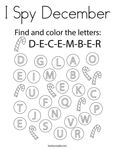 I Spy December Coloring Page - Twisty Noodle December Pre K Activities, December Worksheets Preschool, December Worksheets Kindergarten, December Homeschool Ideas, December Homeschool, Month Worksheet, December Worksheets, Days Of The Week Activities, Free Morning Work