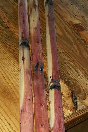 Hand Carved Walking Sticks Design, Walking Sticks Ideas Homemade, Cedar Art, Carved Walking Sticks, Turkey Calls, Unique Walking Sticks, Cedar Furniture, Handmade Walking Sticks, Walking Staff