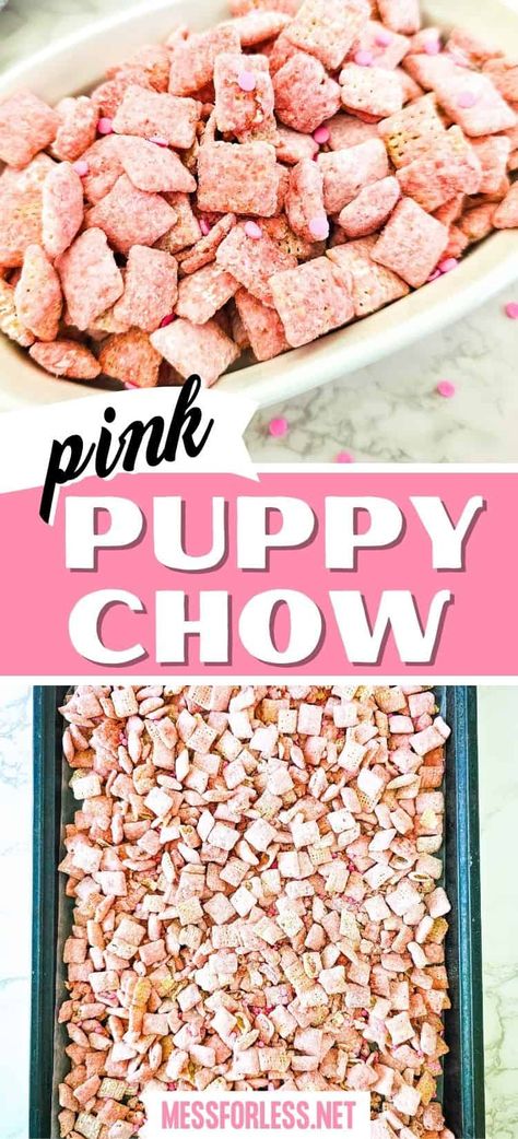 Looking for a fun and easy snack? Try our Pink Puppy Chow recipe! This sweet and crunchy treat is perfect for parties, movie nights, and more. Unicorn Puppy Chow, Strawberry Shortcake Puppy Chow, Pink Appetizers For Party, Pink Puppy Chow Recipe, Pink Puppy Chow, Pink Party Snacks, Pink Popcorn Recipe, Puppy Chow Crispix Recipe, Puppy Chow Chex Mix Recipe