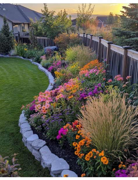 Backyard Landscaping Edging Ideas, Wild Flowers Front Yard, Wild Flower Garden Front Yard, Flower Beds Side Of House, Flower Garden In Backyard, Wildflower Front Garden, Wild Flower Landscaping, Flowers Around House, Wildflower Garden Bed