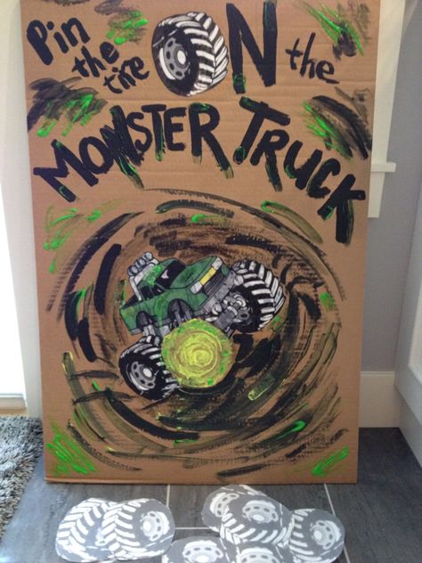 Monster Jam Birthday Party Games, Pin The Tire On The Monster Truck, Monster Jam Birthday Games, Monster Truck Party Games Activities, Pin The Wheel On The Monster Truck, Monster Jam Party Games, Monster Truck Birthday Party Activities, Monster Truck Themed 2nd Birthday Party, Diy Monster Truck Decorations