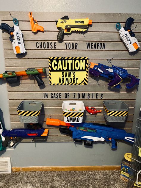 Nerf Armory Wall, Nerf Storage, Jam Room, Sports Nursery, Army Room, Boy Mama, Toy Room, Toy Rooms, Boys Playing